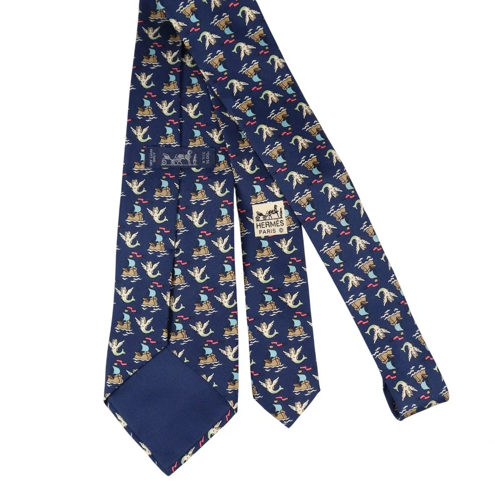 Hermès‎ Silk Tie Navy Winged Mythological Creatures Chimera Novelty France 7530